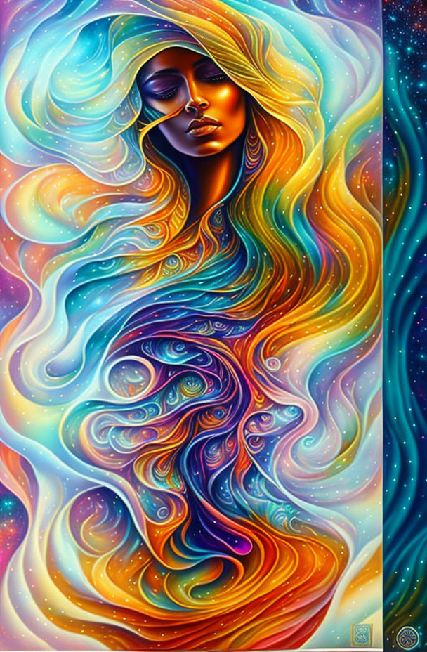 Colorful Psychedelic Woman Illustration with Cosmic Patterns