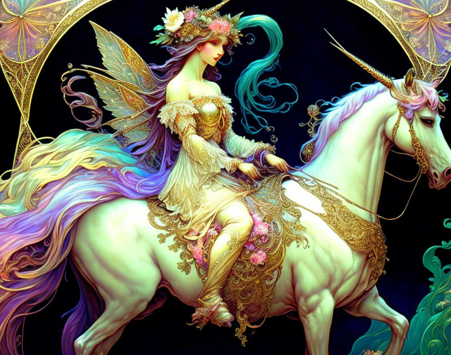 Ethereal fantasy image of graceful maiden riding majestic unicorn