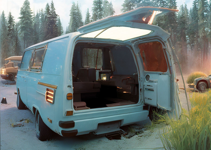 Classic Blue Van with Open Rear Hatch in Forest Setting