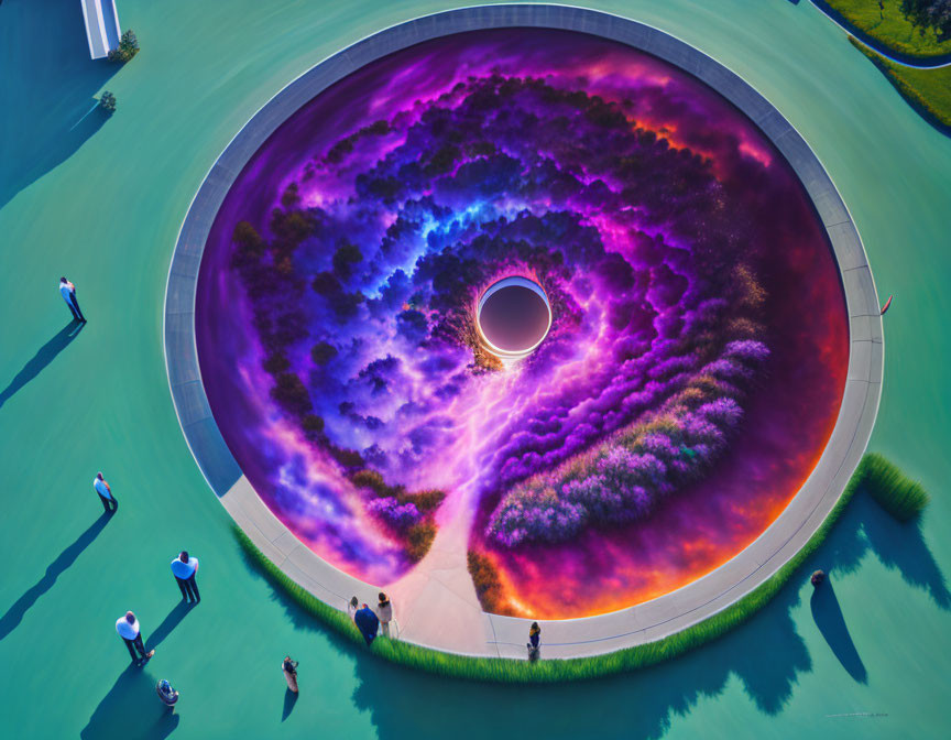 Vibrant circular portal with black hole in colorful digital art piece