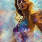 Woman with flowing hair surrounded by colorful smoke clouds