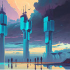 Futuristic cityscape with towering structures and glowing lights at dusk