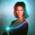 Futuristic glow and makeup on woman with neon lighting backdrop