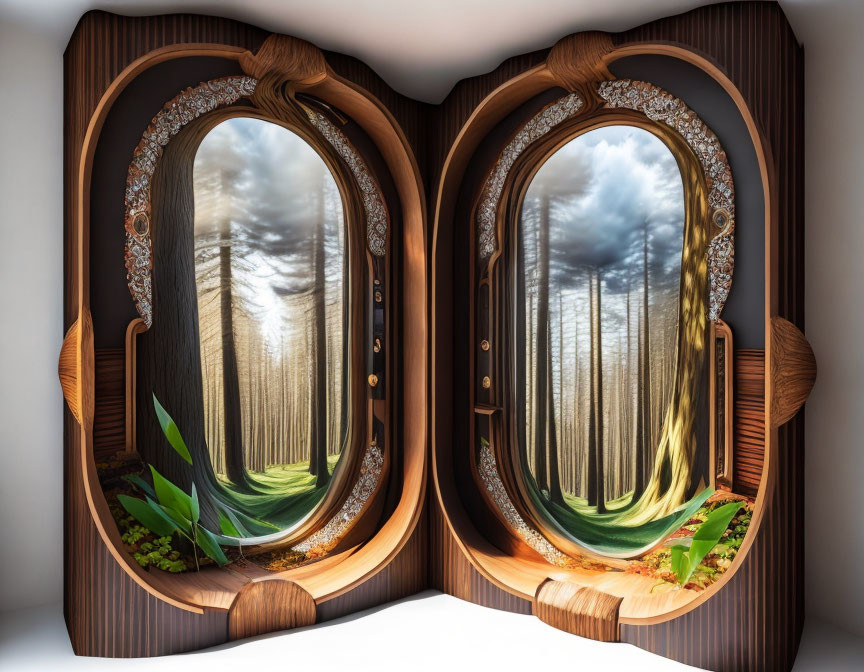 Surreal image: Wooden doors open to distorted forest