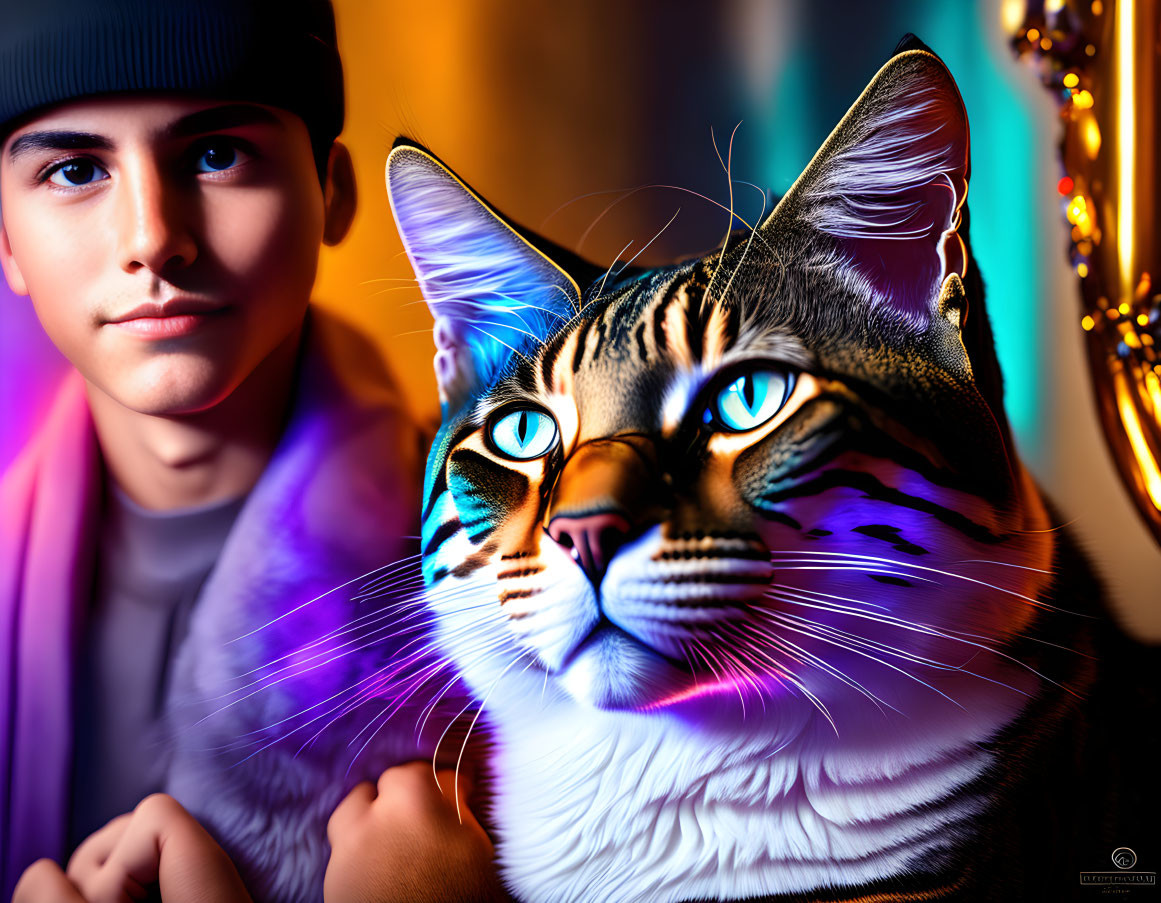 Young man in cap and stylized cat with blue eyes in close-up against colorful backdrop