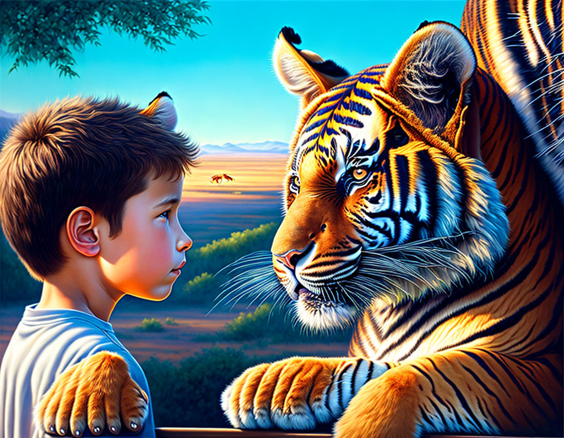 Boy and tiger in vibrant landscape - surreal moment of connection