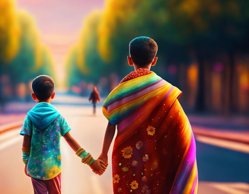 Child and adult holding hands on vibrant tree-lined street