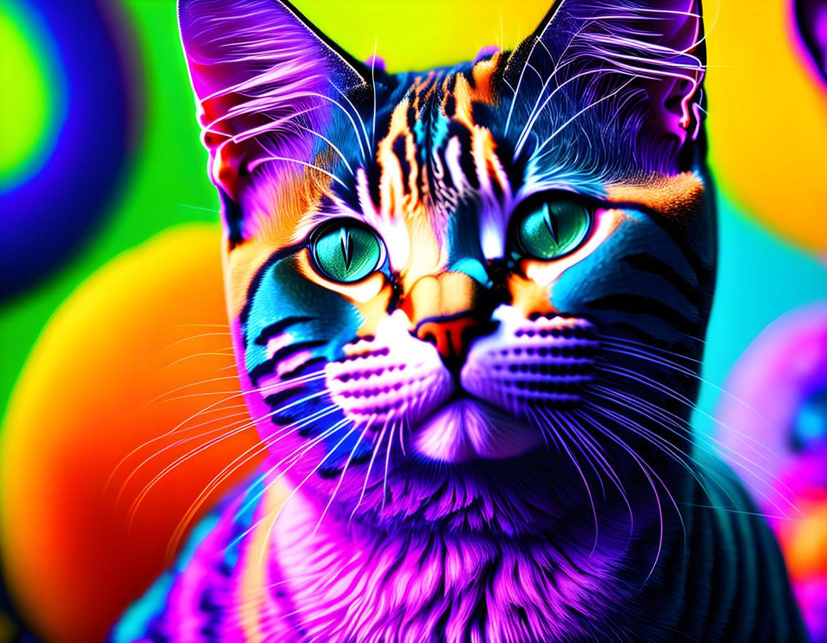 Colorful digital artwork: Rainbow cat with green eyes on vibrant sphere backdrop