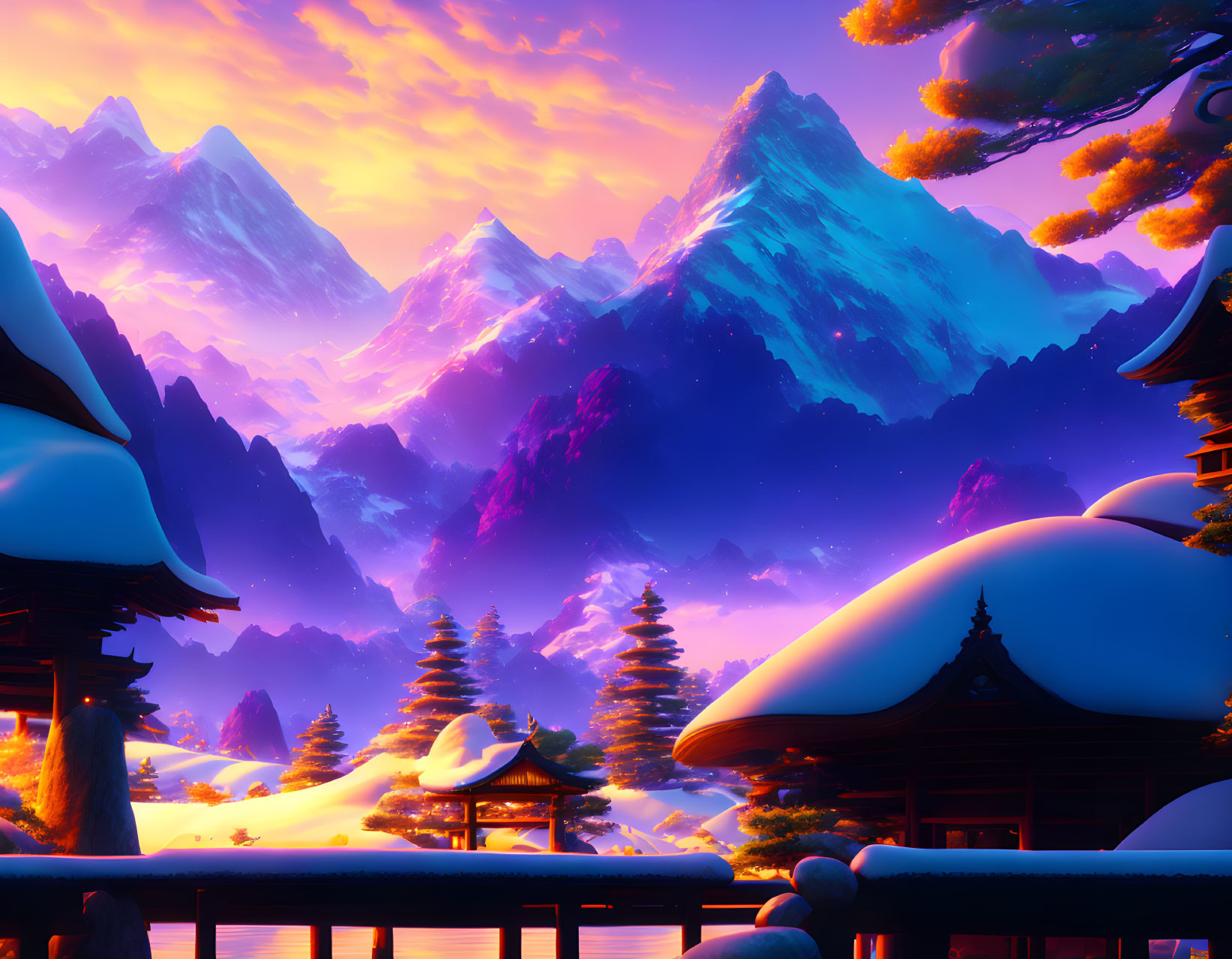 Snowy winter landscape: traditional buildings, snow-covered trees, purple mountains at sunset