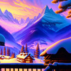 Snowy winter landscape: traditional buildings, snow-covered trees, purple mountains at sunset