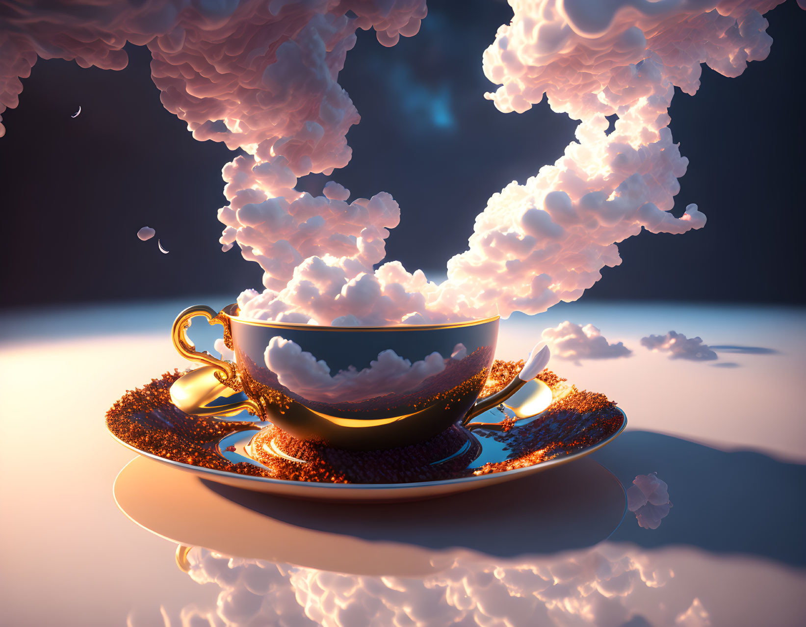 Golden teacup overflowing with white clouds on dark blue background