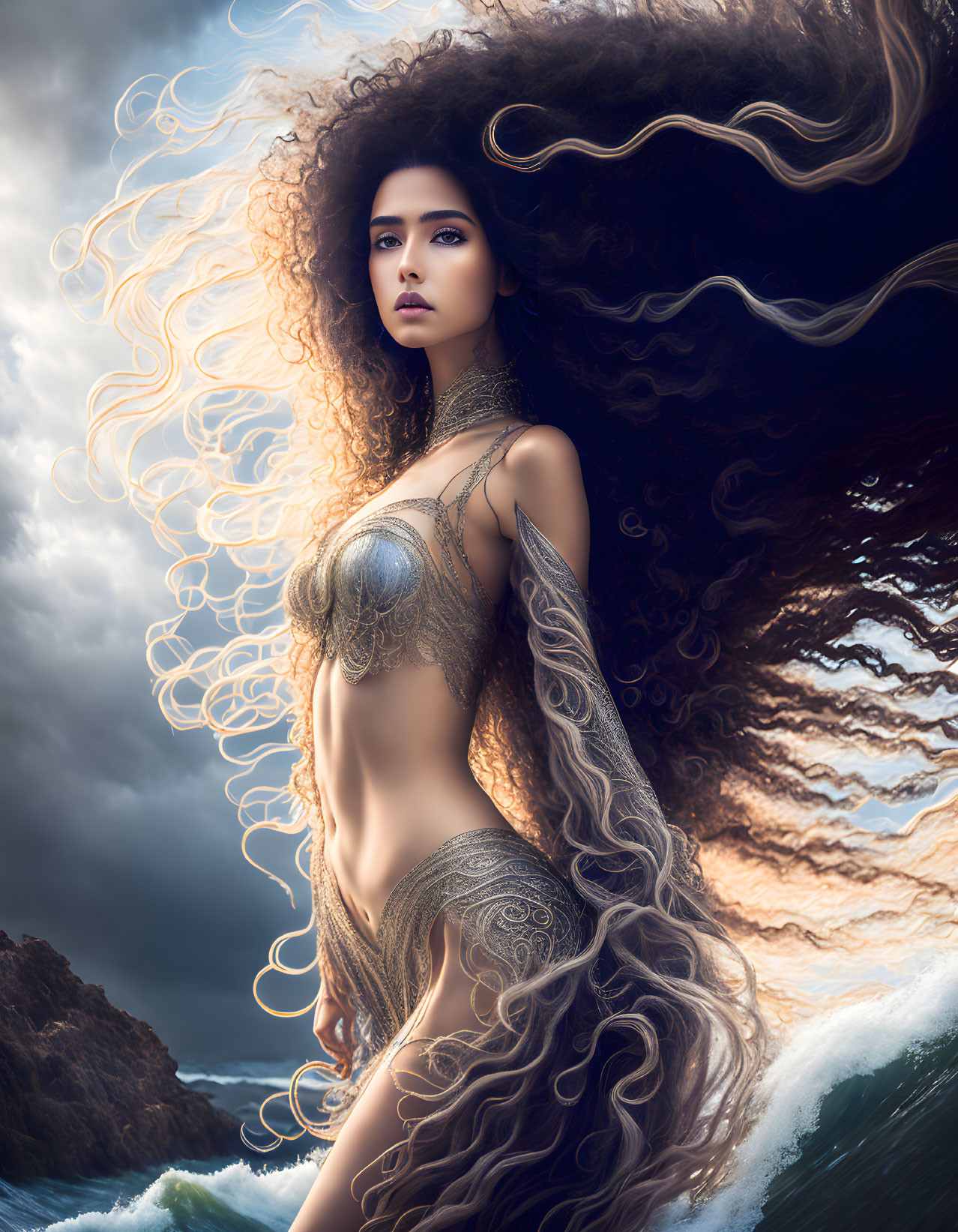 Enchanting figure in shimmering attire by turbulent seas