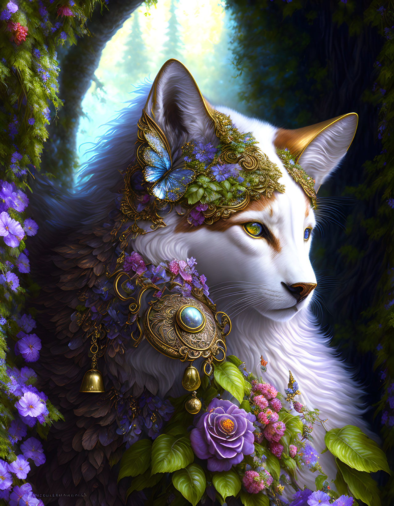 Majestic white cat with floral and golden adornments