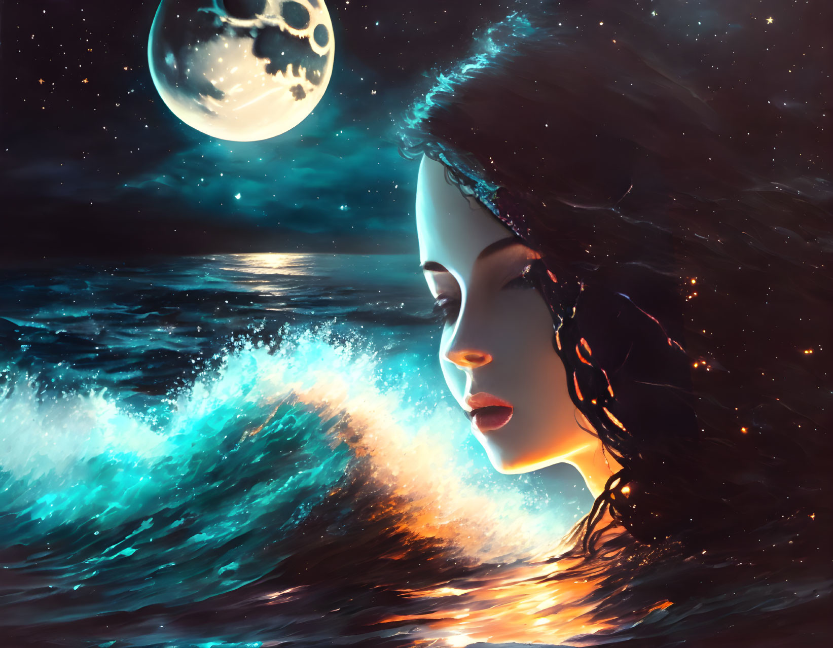 Surreal Profile of Woman Merging with Vibrant Ocean