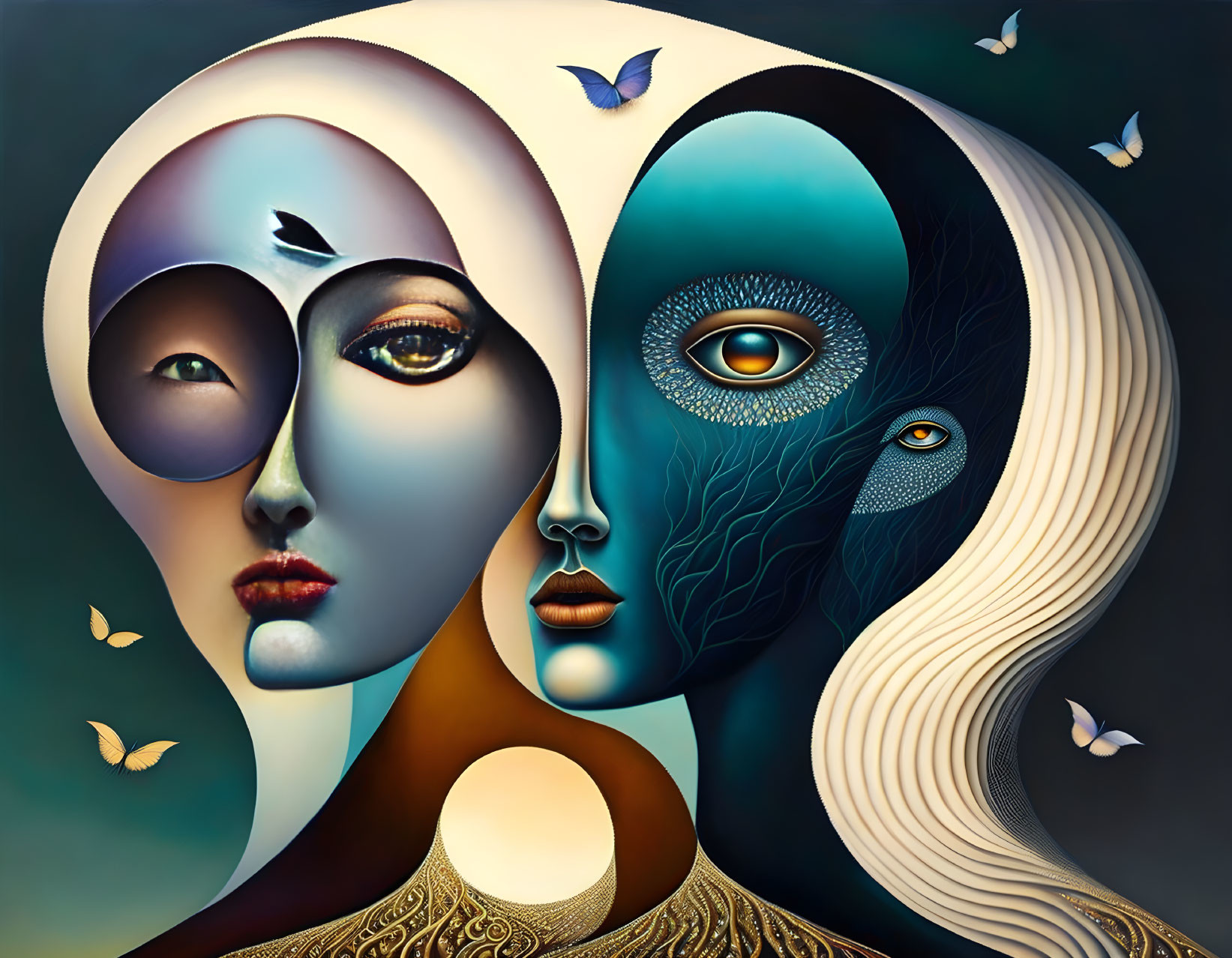 Surreal artwork: Two faces, cool and warm tones, butterflies, gradients