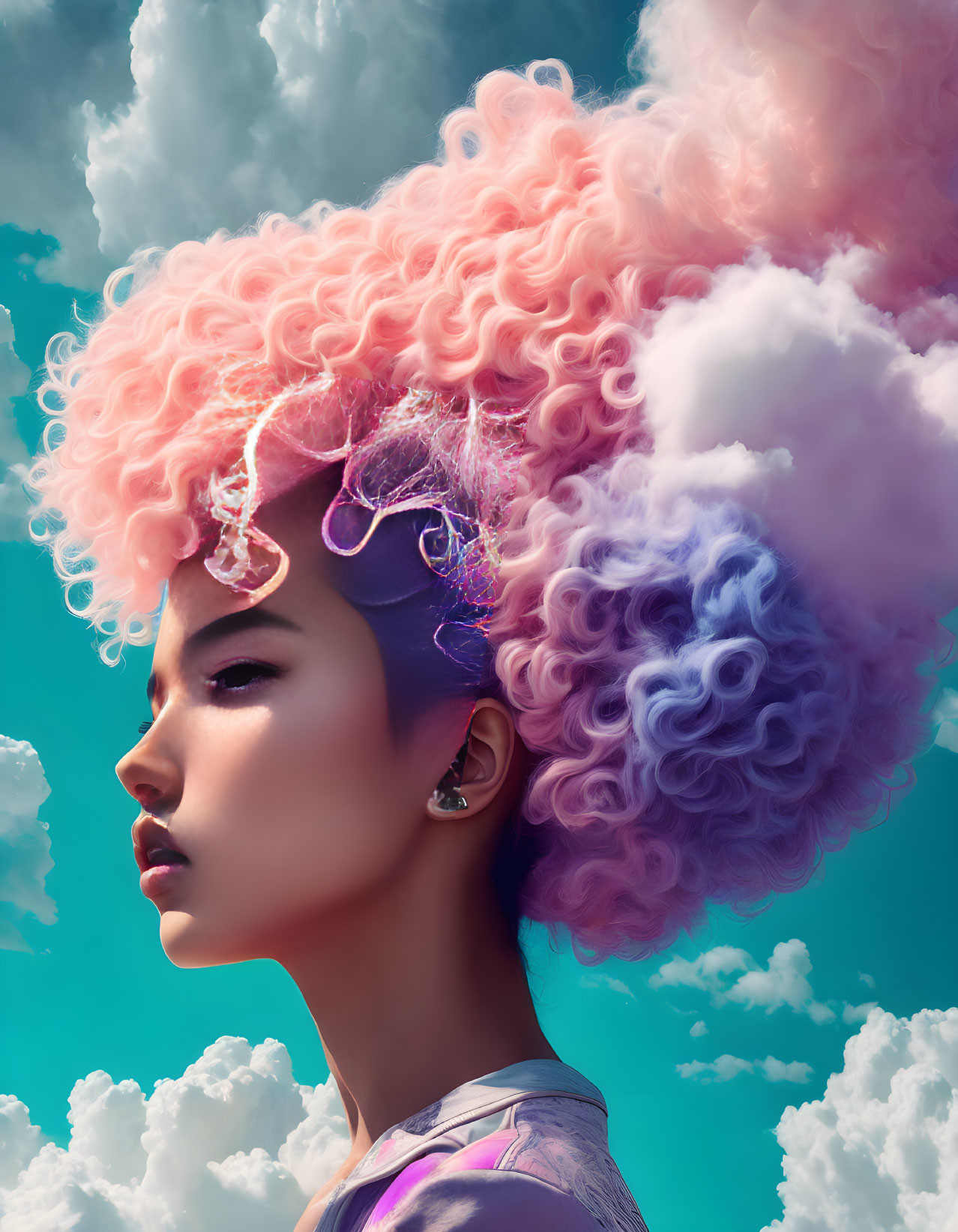 Portrait of person with pastel pink and purple cloud hair against cloudy sky