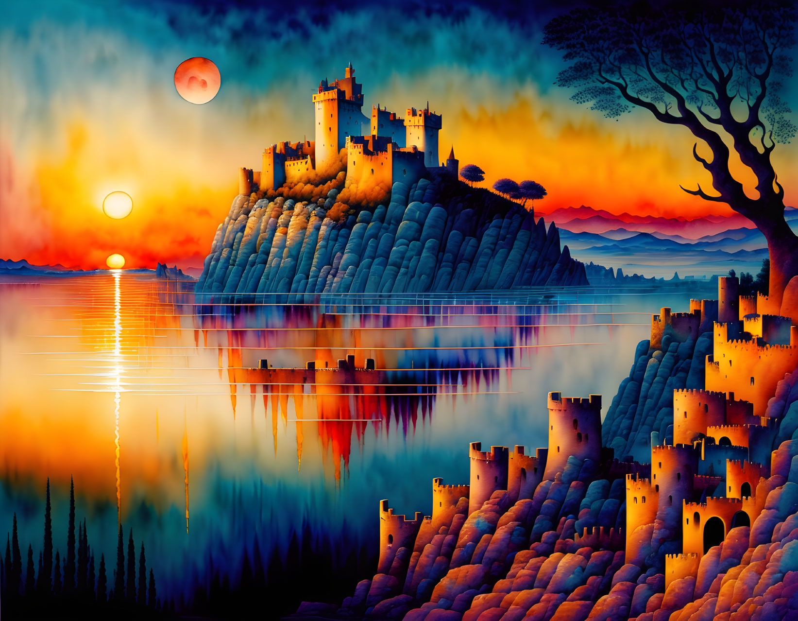 Majestic Castle on Rocky Island at Sunset