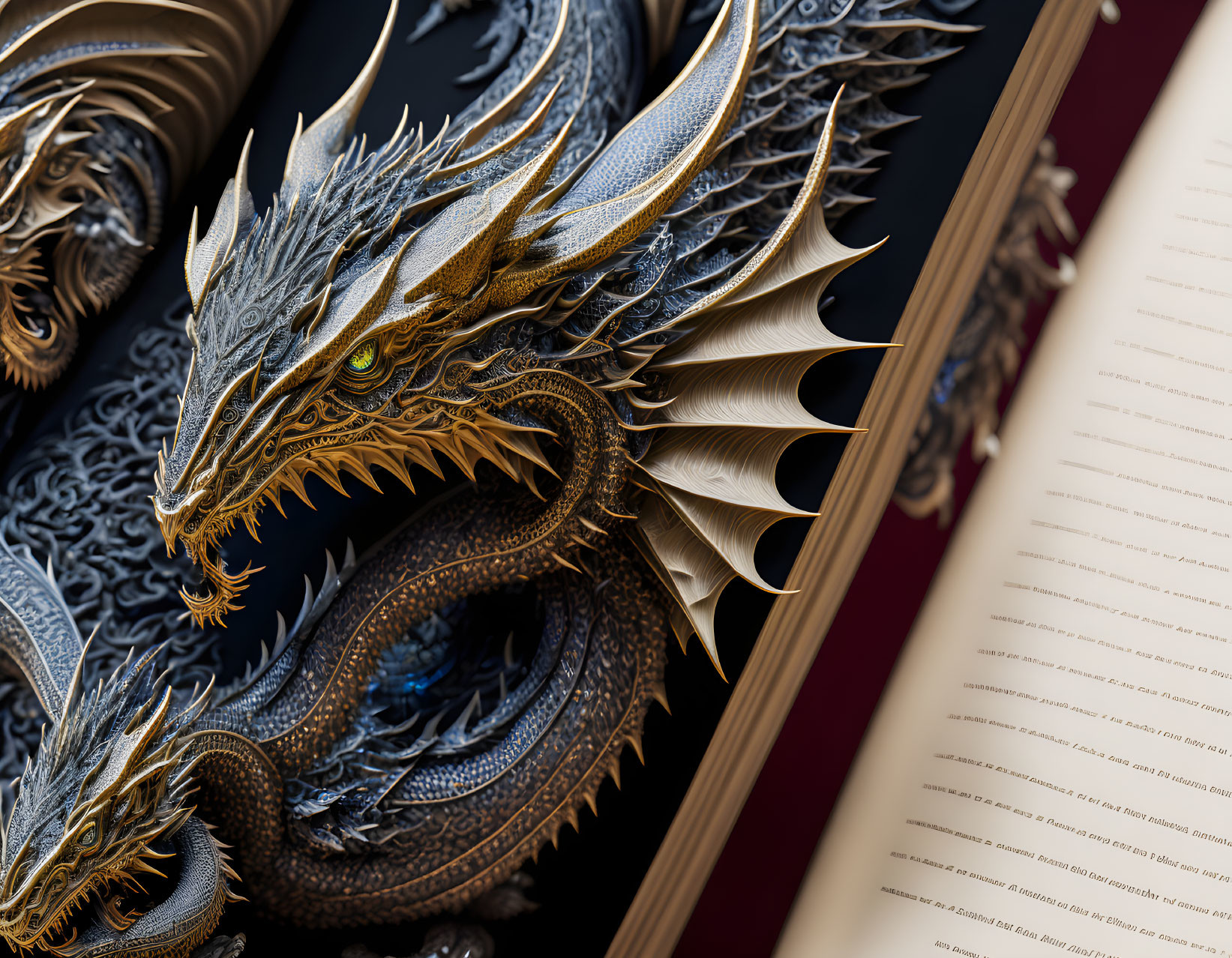 Golden dragon sculpture with green eyes coiled around a book on black background