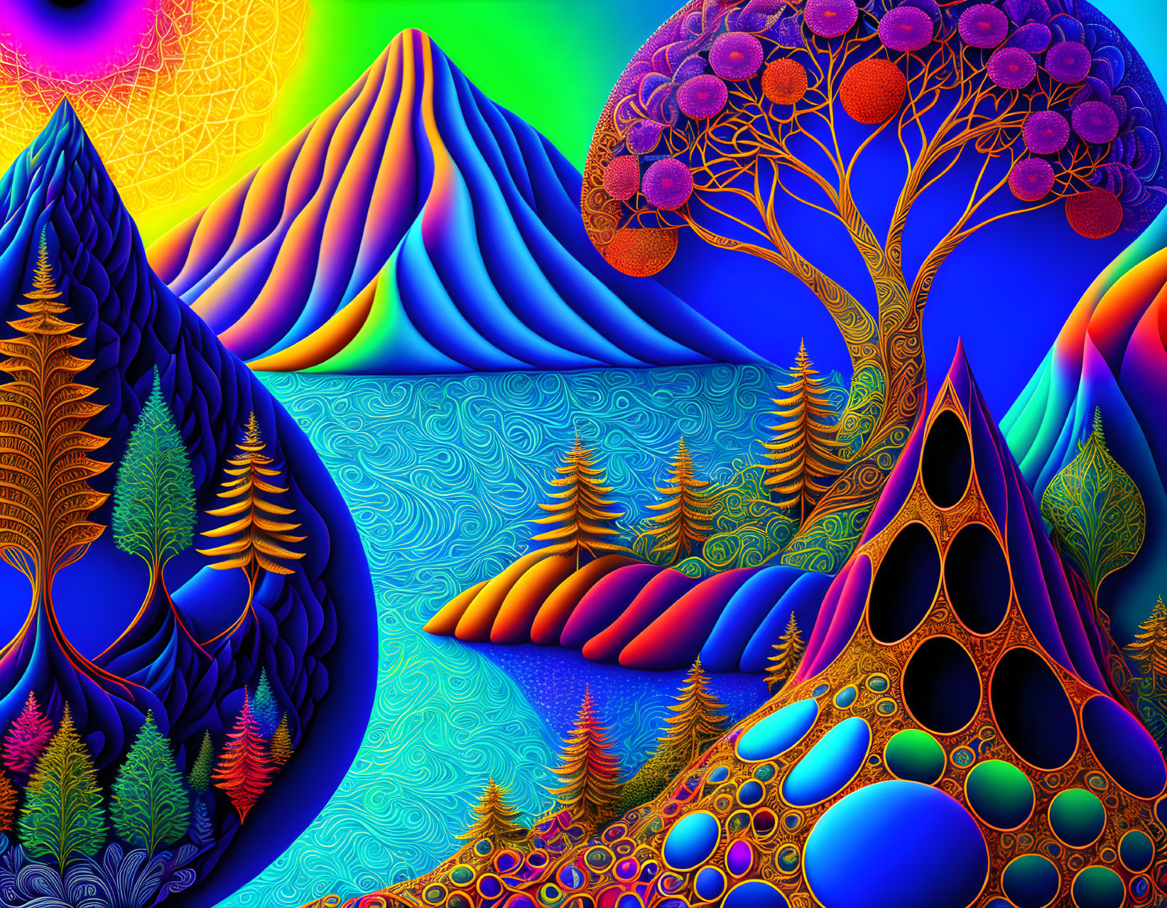 Colorful psychedelic landscape with neon hills and fractal trees