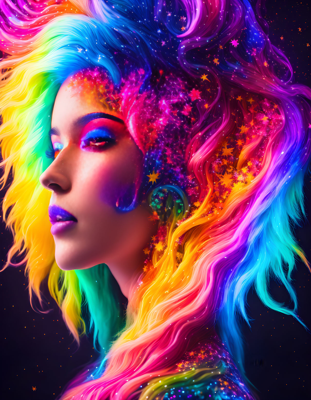 Colorful portrait with cosmic-themed makeup and starry hair.