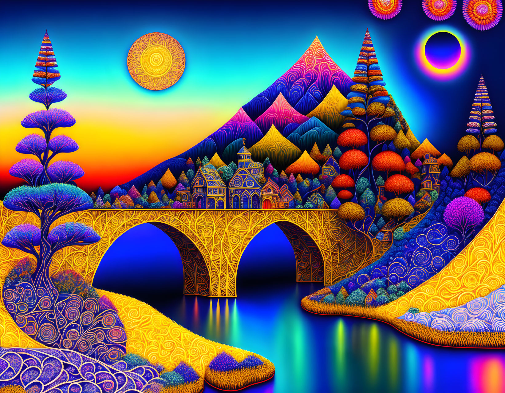 Vivid digital artwork of surreal landscape with patterned trees, decorative bridge, and stylized mountains under