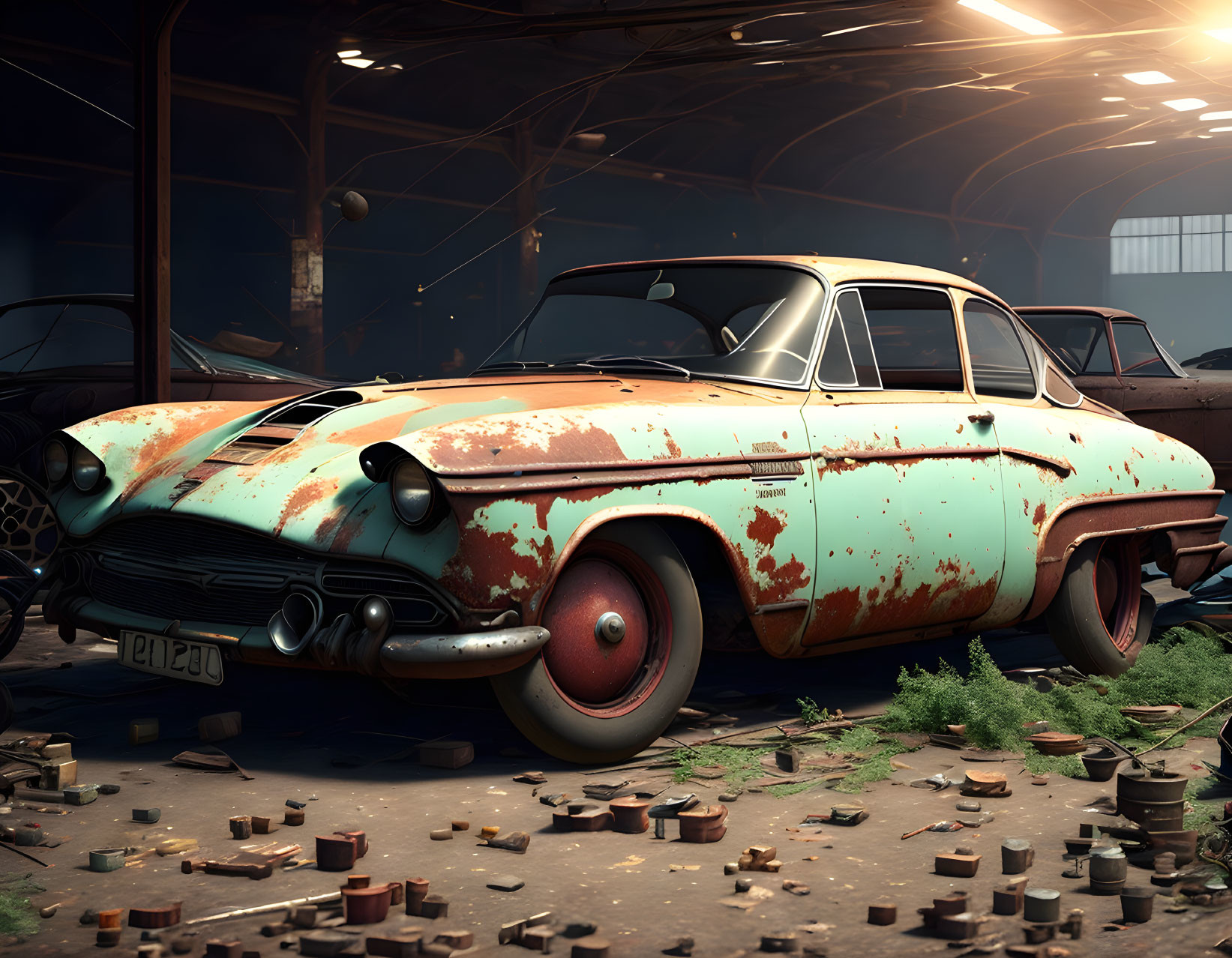 Abandoned Vintage Car in Dusty Garage Setting