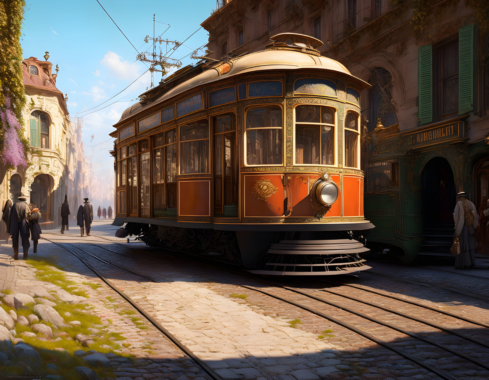 Vintage Tram on Cobblestone Street with Pedestrians and Historical Buildings in European Setting