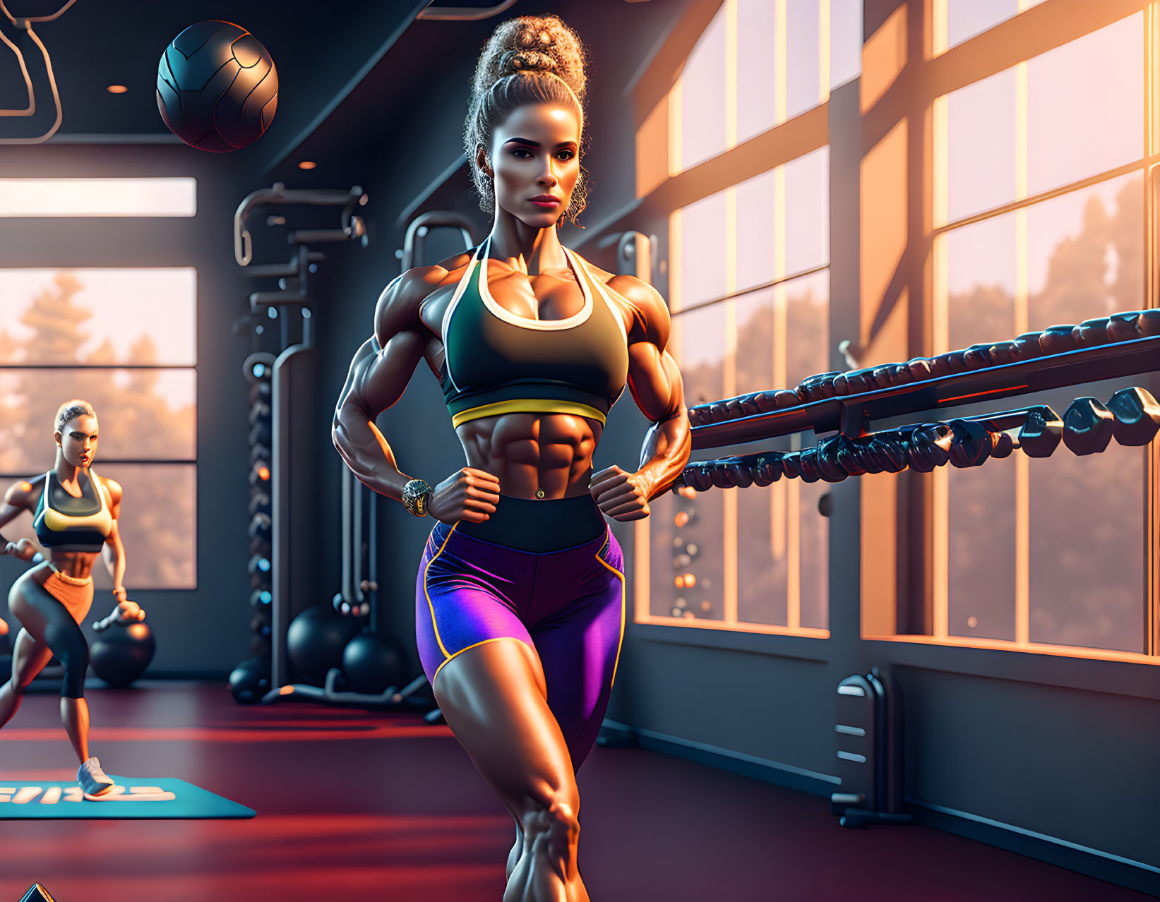 Muscular woman lifting weights in gym with warm lighting & background person