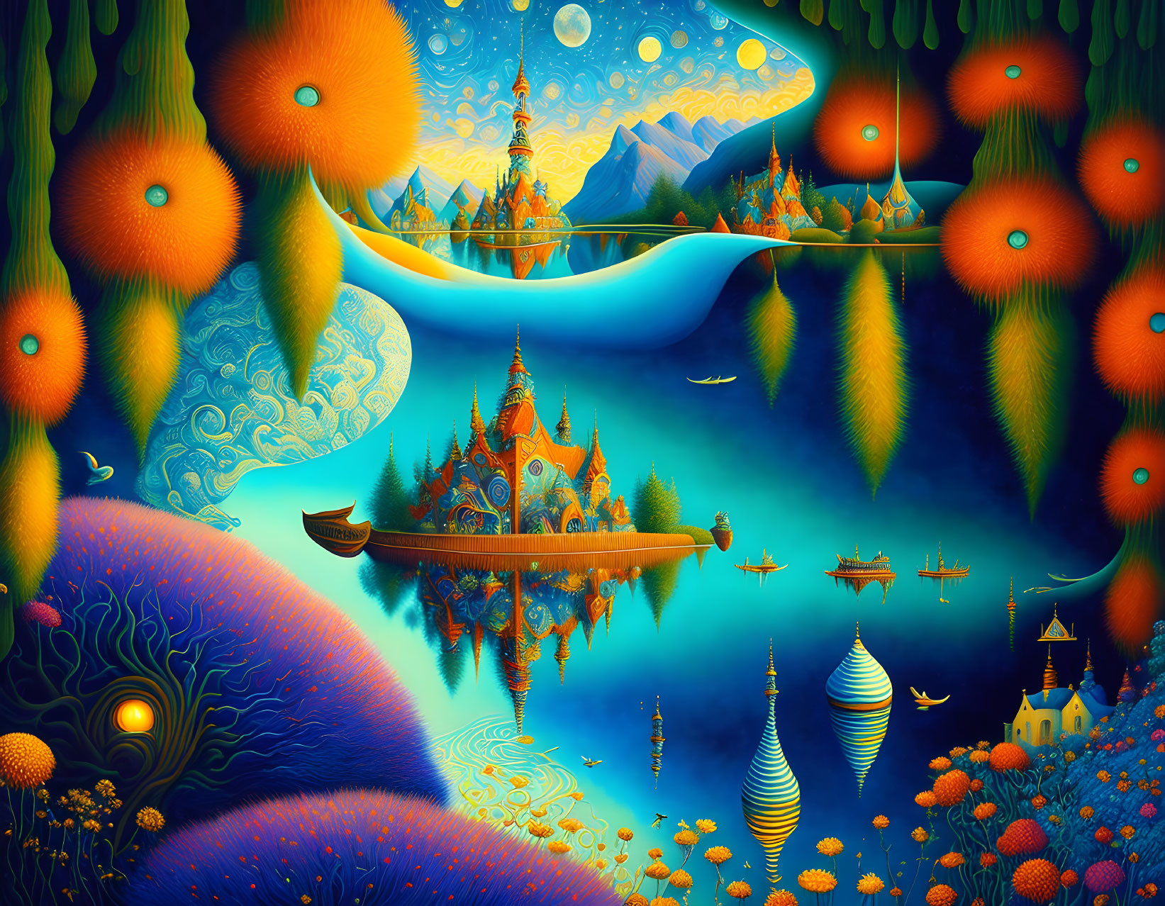 Fantastical landscape with whimsical castle on ship, colorful trees, rivers, hills under starry