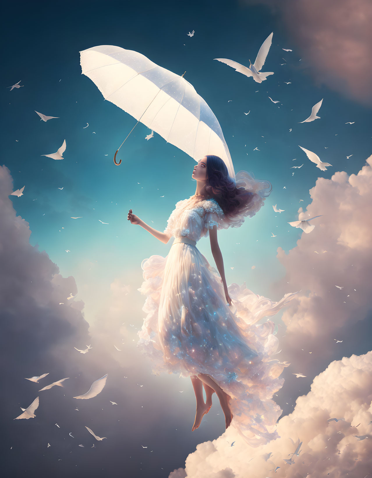 Woman Floating Among Clouds with White Umbrella and Doves