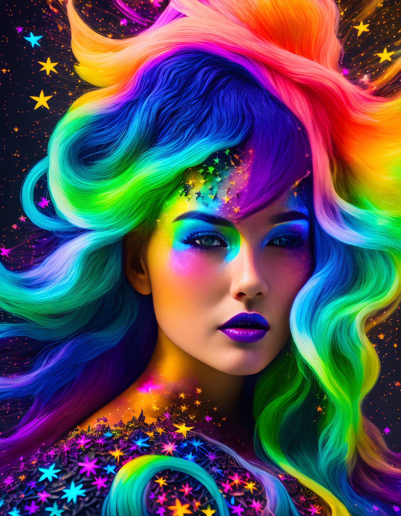 Colorful galaxy-themed portrait of a woman with multicolored hair and makeup