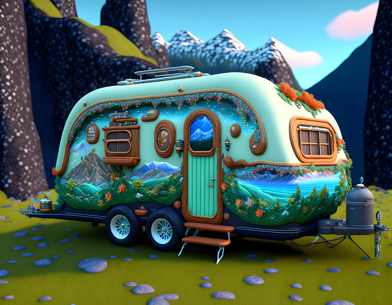 Colorful Caravan Surrounded by Mountain Landscape and Nature Setting