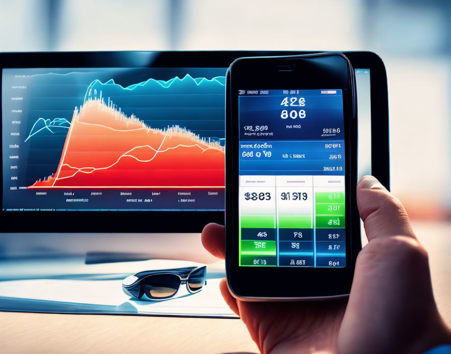 Hand holding smartphone with stock market data, computer monitor with financial graphs