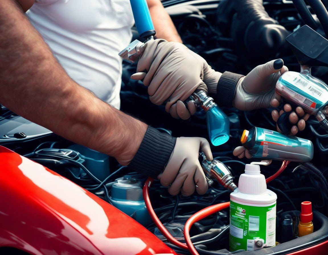 Person in White Shirt Adding Fluid to Car Engine with Funnel & Bottles