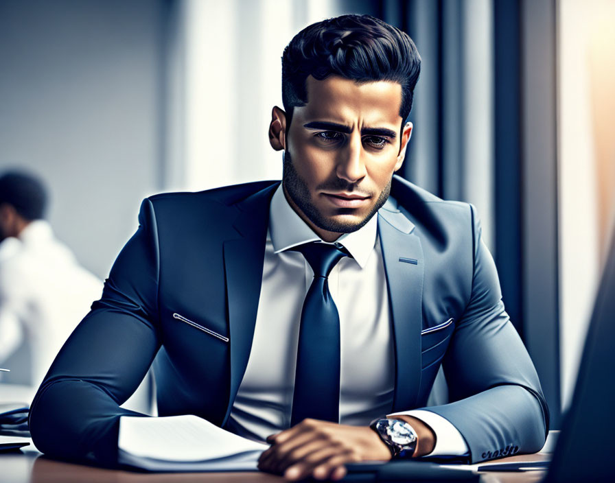 Focused man in tailored suit at desk with papers, another person in background