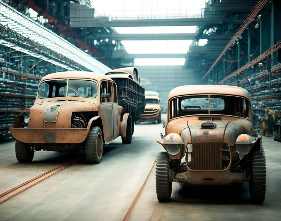 Collection of Vintage Cars in Surreal Warehouse Setting