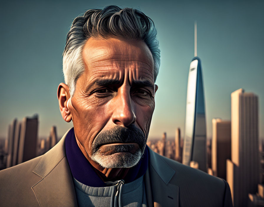 Distinguished grey-haired man in 3D render against urban skyline