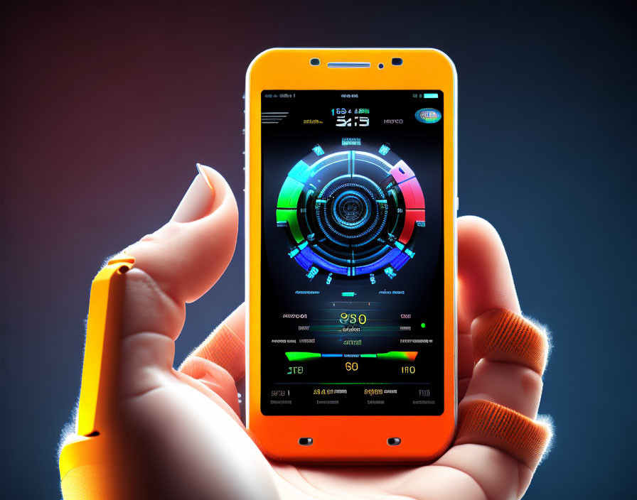 Colorful Futuristic User Interface Elements on Orange Smartphone Display