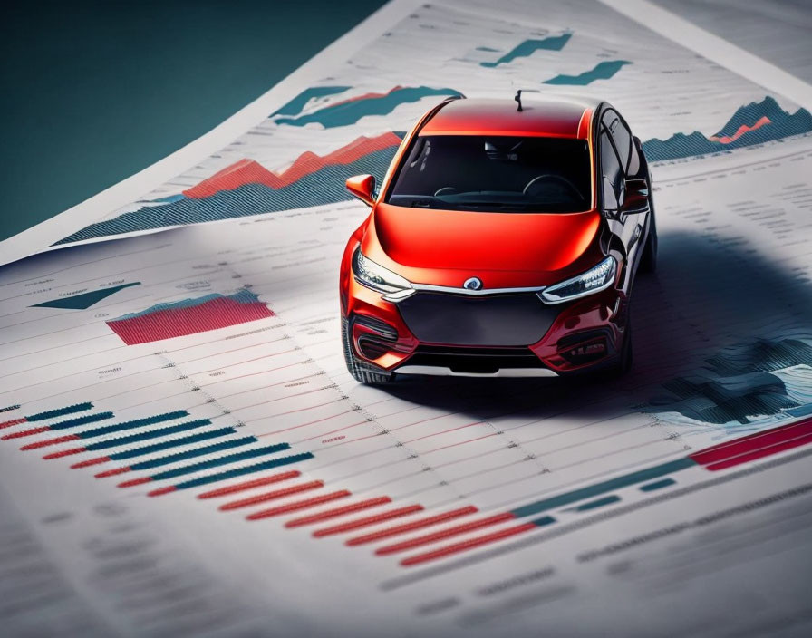 Red Car Over Financial Graphs: Automotive Market Analysis Symbolized