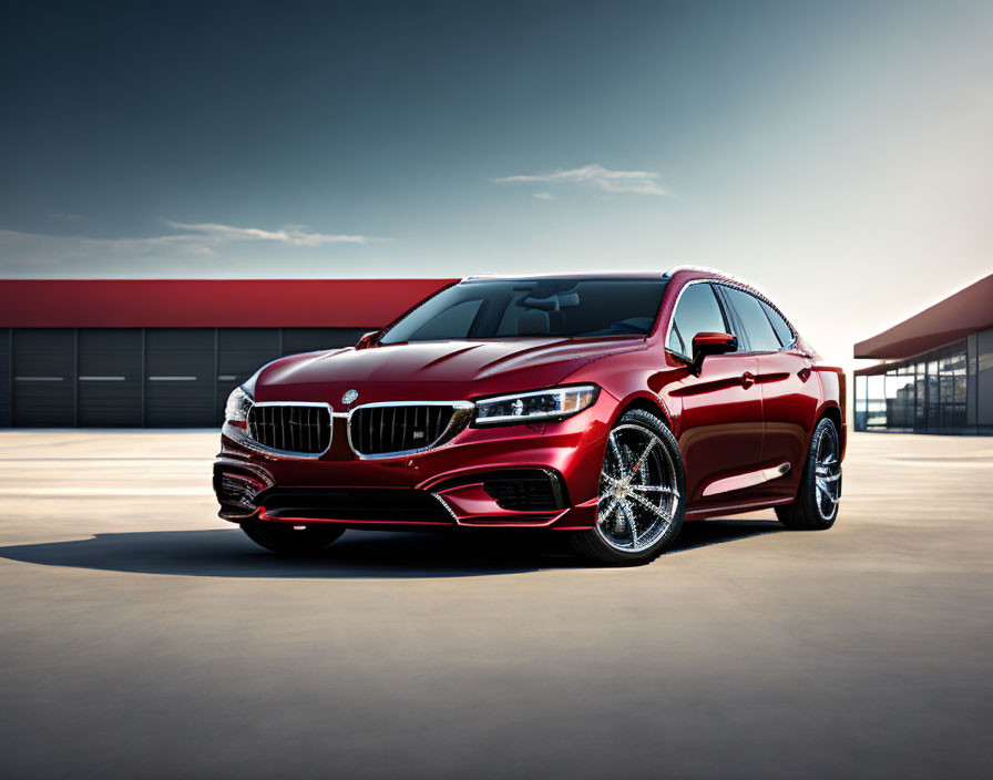 Red BMW with Chrome Accents and Alloy Wheels under Ambient Lighting