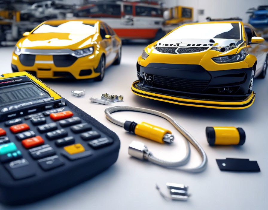 Work desk with calculator, bolts, car diagnostic cable, and blurred sports cars.