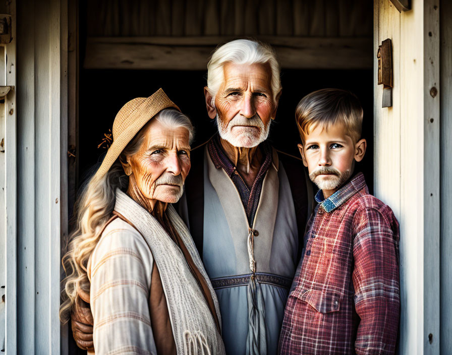 Elderly couple and young boy in doorway, woman in hat, man with white beard