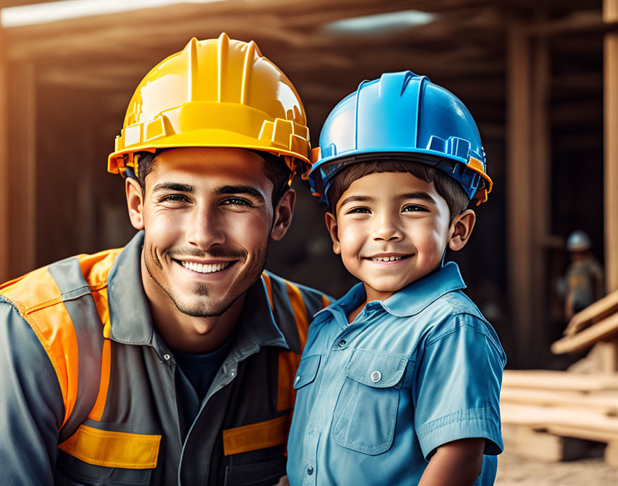 Smiling man and child in hard hats at construction site