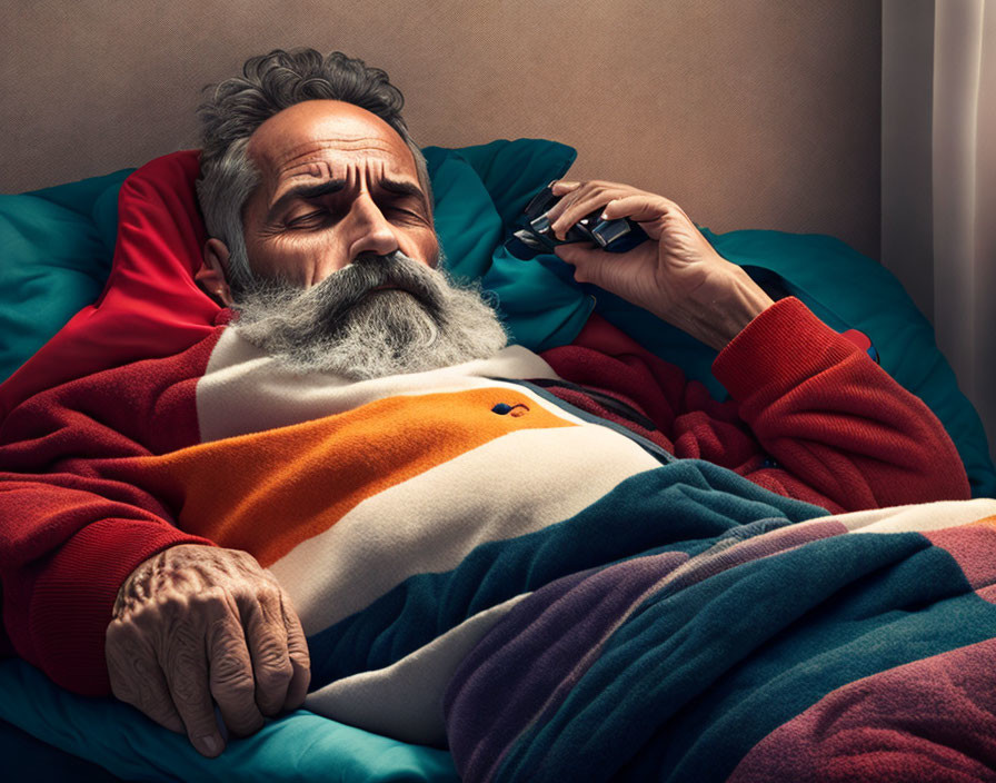 Elderly man with gray beard resting on couch with colorful blankets and remote