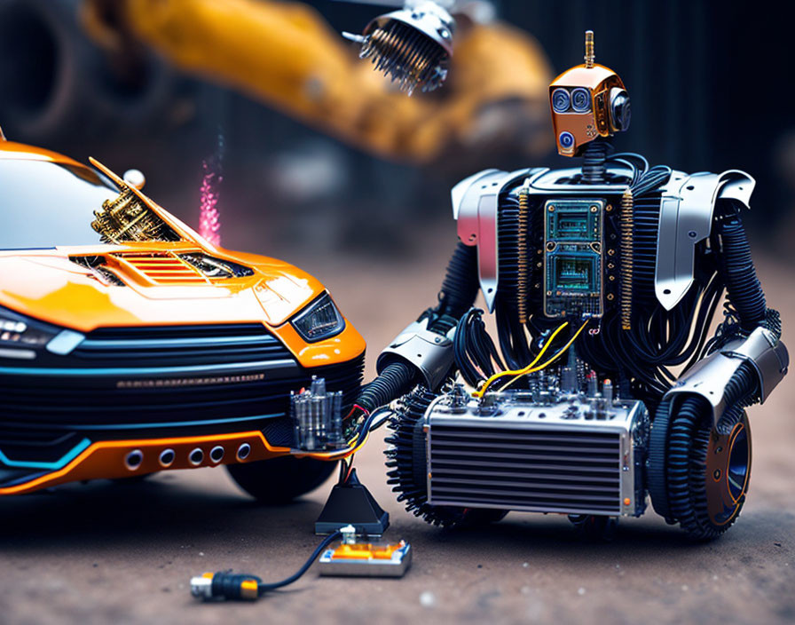 Humanoid robot with complex circuitry near orange car with robotic arm performing maintenance