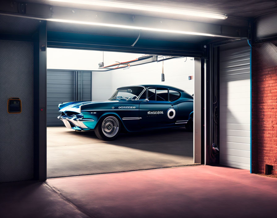 Vintage Blue Racing Car with White Stripes and Number "08" in Modern Garage