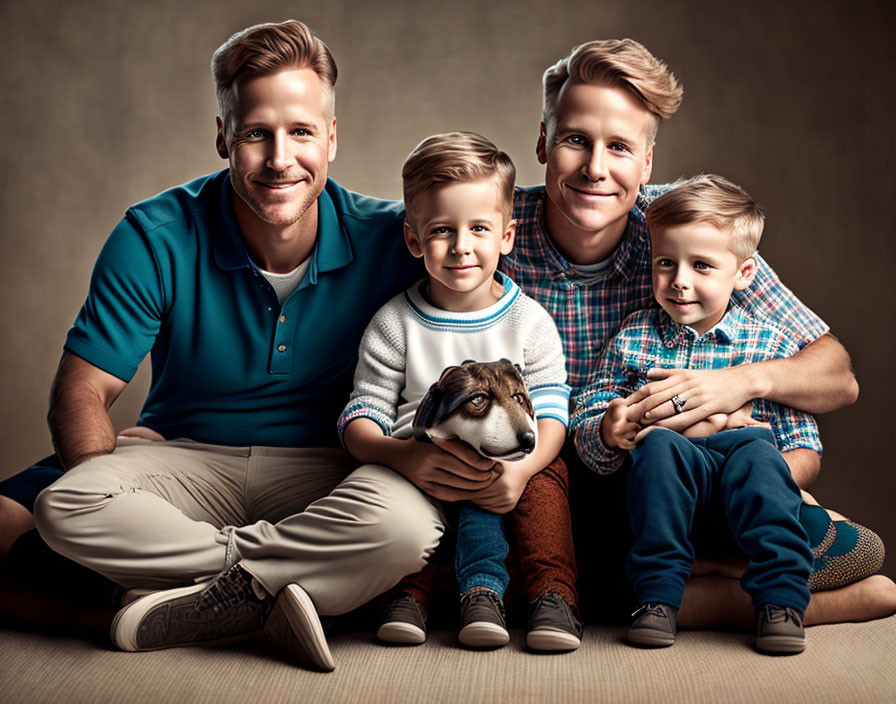 Two Smiling Men, Two Boys, and a Guinea Pig Family Portrait on Brown Background