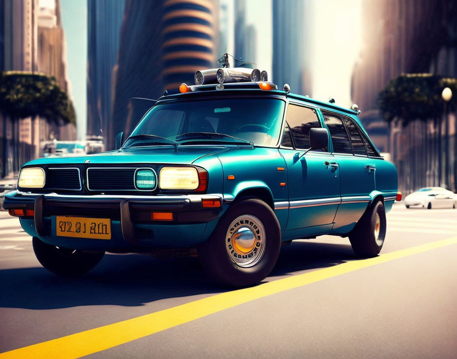 Vintage Turquoise Station Wagon with Roof Rack on Urban Street with Motion Blur