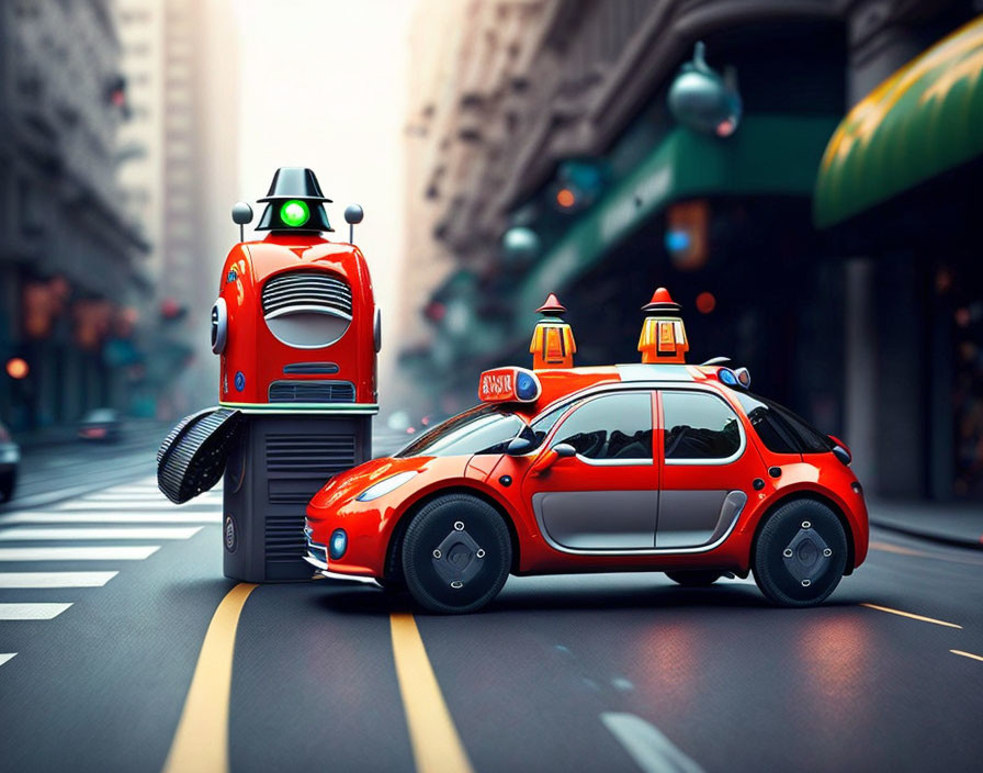 Whimsical red and black car with cartoon eyes and toy robot crossing city street