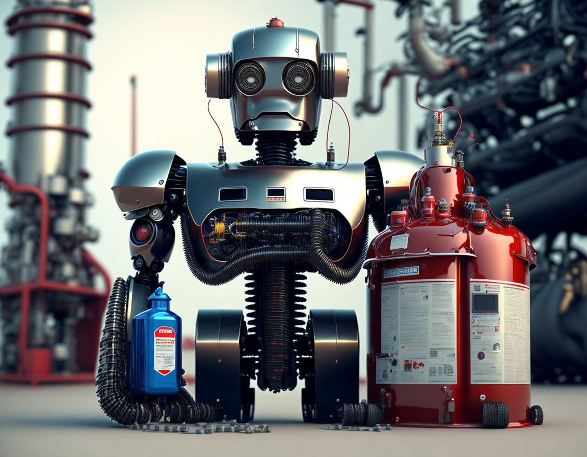 Detailed 3D illustration of humanoid robot with complex machinery near industrial equipment